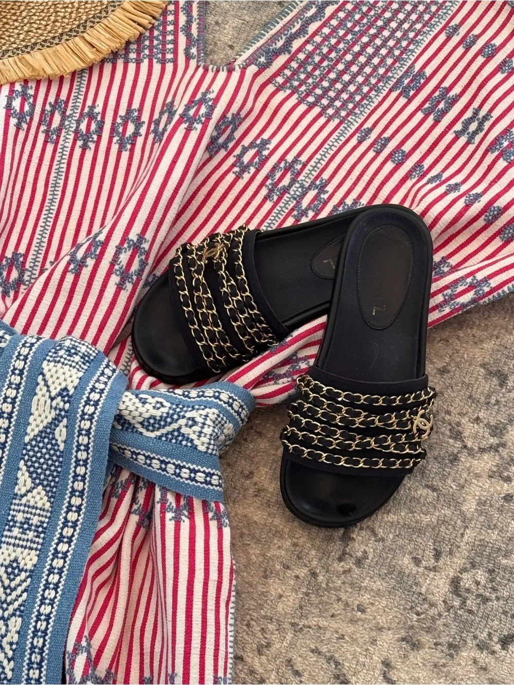 Chanel Navy Blue Chain REV Slides